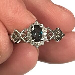 Teal Blue Oval Halo Ring Silver Tone Adjustable Lattice Band Vintage Style